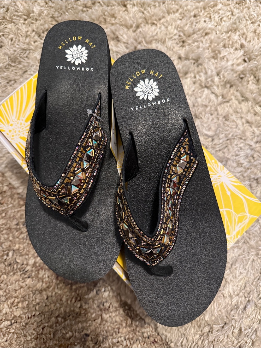 Yellow Box Black Jeweled Flip Flop Sandals